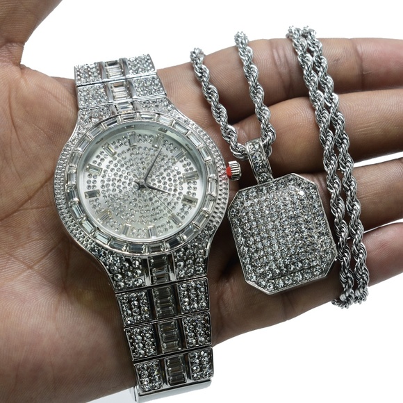 Fully Iced Out Watch and Dog Tag Necklace Set